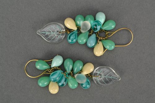 Earrings with charms made of Czech glass green handmade summer accessory - MADEheart.com