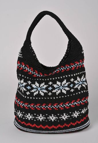 Crocheted female handbag of dark red color with black lining handmade purse - MADEheart.com