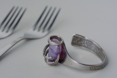 Unusual handmade metal fork bracelet with natural stone - MADEheart.com