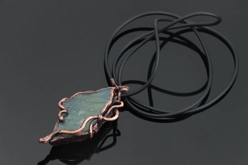 Unusual handmade copper pendant with natural stones on rubber cord - MADEheart.com