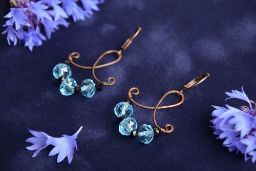 Unusual beautiful handmade wire wrap copper earrings with agate and quartz - MADEheart.com