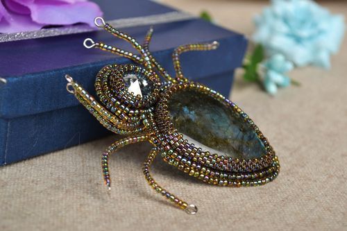 Handmade brooch with natural stone seed beads brooch handmade accessories - MADEheart.com