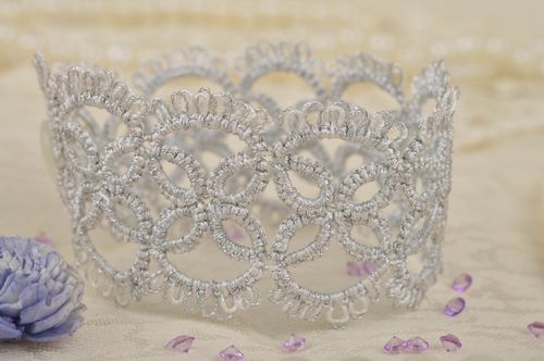 Beautiful gentle handmade designer tatting lace bracelet white and silver - MADEheart.com