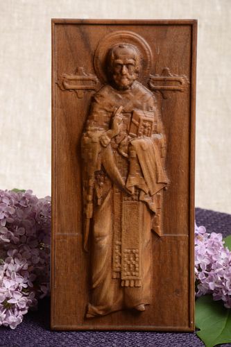 Carved wooden handmade icon with metal fastening for home Saint Nicholas - MADEheart.com