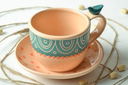 Art clay girl s teacup in light peach color with handle and saucer - MADEheart.com
