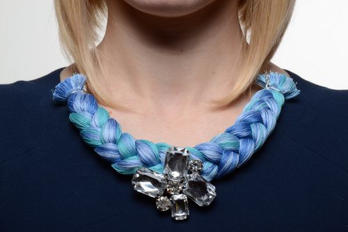 Blue handmade volume woven thread necklace with chain and strasses - MADEheart.com