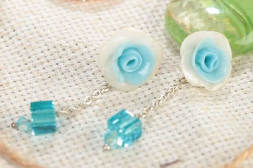 Handmade designer long polymer clay dangling earrings with blue white flowers - MADEheart.com