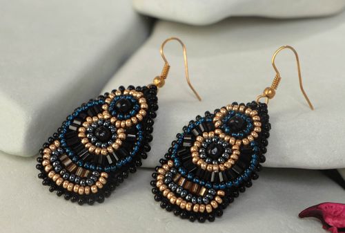 Large handmade designer woven beaded earrings on leather basis - MADEheart.com