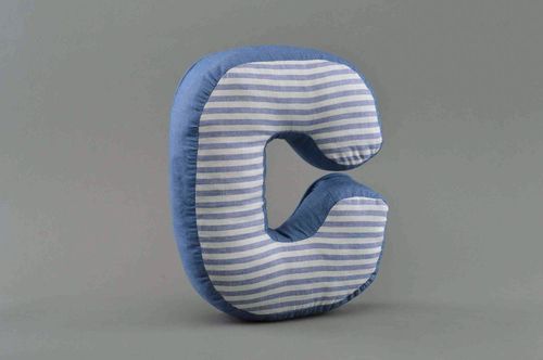 Homemade decorative soft toy pillow letter C sewn of blue and stripped fabric - MADEheart.com