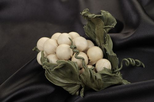 White and green handmade leather brooch hair clip in the shape of unusual flower - MADEheart.com