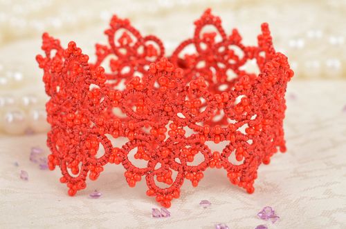 Handmade womens lacy tatted wrist bracelet with Czech beads of red color - MADEheart.com