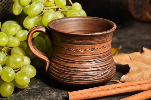 6 oz ceramic rustic drinking cup in ancient style with handle - MADEheart.com
