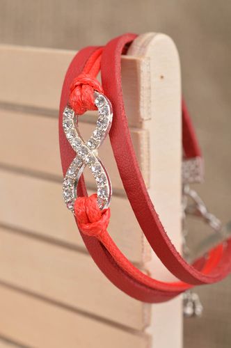 Handmade designer red thin genuine leather bracelet with infinity sign insert - MADEheart.com