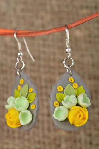 Polymer clay handmade designer earrings gray with yellow roses summer jewelry - MADEheart.com