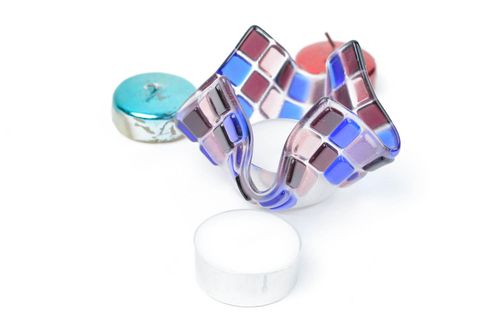 One tea light fusing glass blue and brown candle holder 2,76 inches, 0,21 lb - MADEheart.com