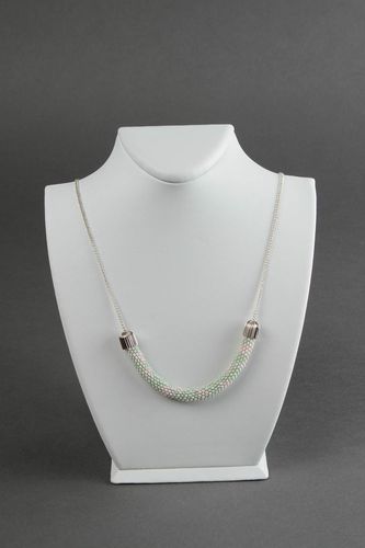 Handmade white festive necklace unusual beaded necklace elegant accessory - MADEheart.com