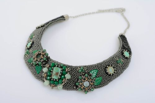 Handmade volume massive bead embroidered necklace with natural stones on chain - MADEheart.com