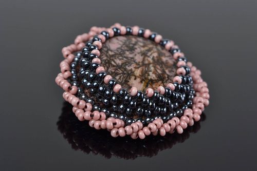 Handmade female evening round beaded brooch made of natural stone - MADEheart.com