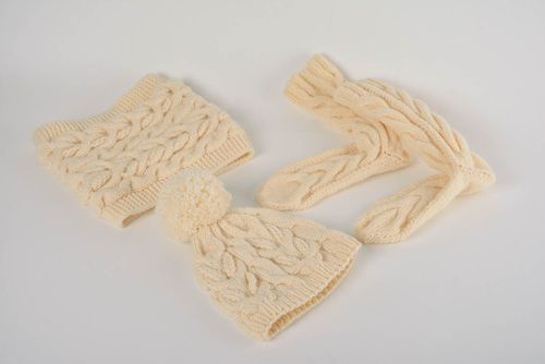 Set of handmade knitted winter accessories hat, scarf and socks made of wool - MADEheart.com