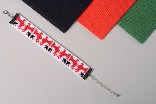 Handmade womens wrist bracelet with embroidery in white and red colors  - MADEheart.com