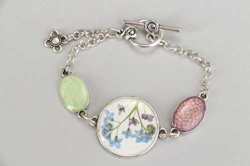 Wrist bracelet made of natural flowers coated with epoxy Forget-me-nots - MADEheart.com