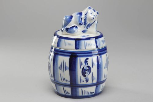 Petit pot à miel en céramique blanc et bleu peinture Gjel Ours sur couvercle - MADEheart.com