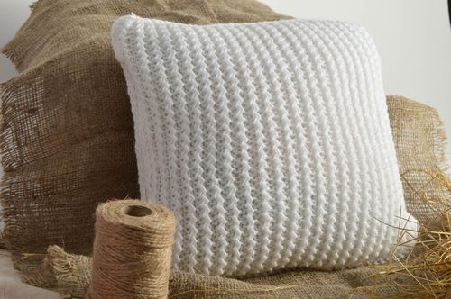 Small stylish beautiful handmade white knitted pillowcase designer accessory - MADEheart.com