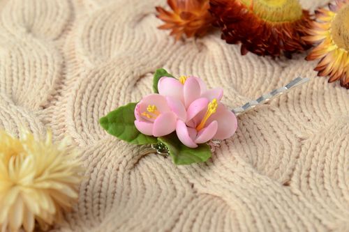 Handmade floral decorative metal hair pin with cold porcelain apple blossom  - MADEheart.com