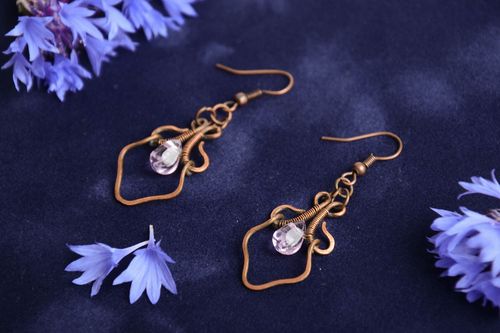 Beautiful unusual handmade long wire wrapped copper earrings with white crystal - MADEheart.com