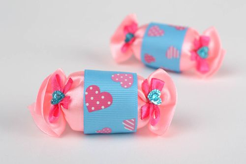 Pink and blue handmade design textile hair ties 2 pieces childrens accessories - MADEheart.com