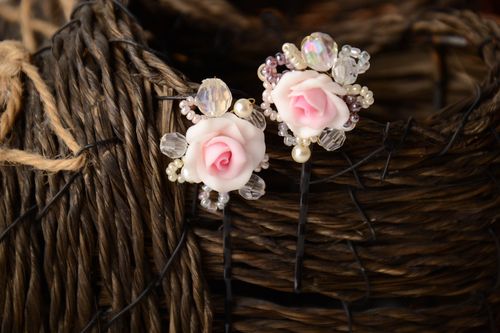 Handmade polymer clay flower hairpins with beads - MADEheart.com