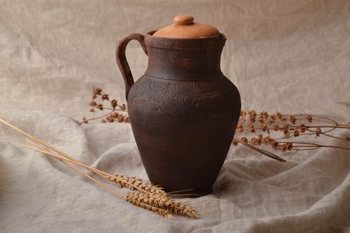 100 oz brown clay old fashion style milk pitcher with lid and handle 2 lb - MADEheart.com