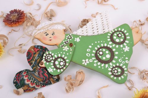Handmade decorative painted wooden wall hanging decoration of green color Angel - MADEheart.com