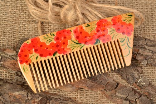Beautiful handmade wooden hair comb with Petrikov painting - MADEheart.com