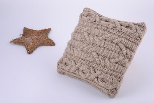 Handmade semi woolen knitted cushion cover of coffee with milk color with zipper - MADEheart.com