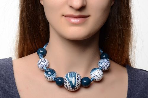 Beautiful womens clay necklace with enamel painting in blue color - MADEheart.com