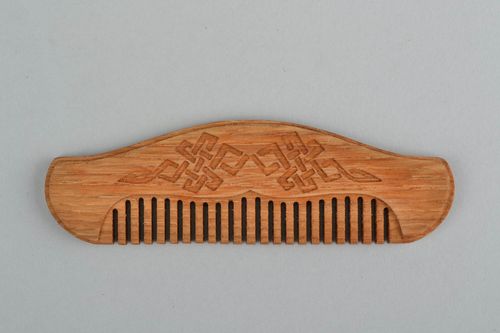 Handmade comb for beard and mustache made of oak wood with carved ornament - MADEheart.com