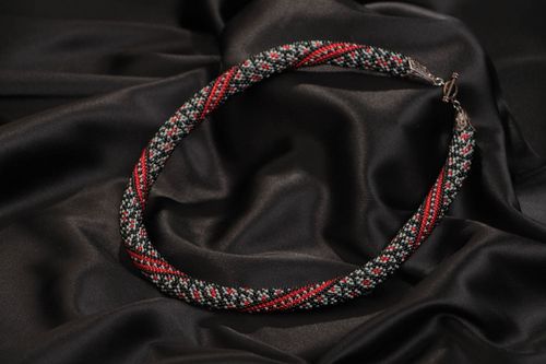 Handmade dark beaded cord necklace made of Czech beads with ornament unusual  - MADEheart.com