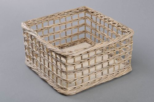 Handmade square decorative beige basket woven of paper tubes for needlework  - MADEheart.com