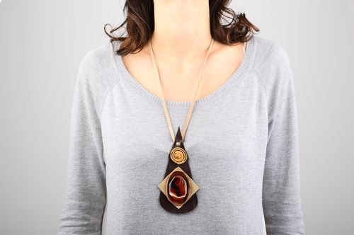 Handmade brown leather pendant beaded pendant jewelry with natural stone - MADEheart.com