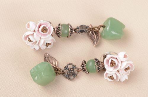 Handmade polymer clay earrings with charms jewelry with natural stones - MADEheart.com