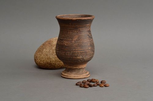 Handmade dark brown ceramic goblet in ethnic style for wine 200 ml eco friendly - MADEheart.com