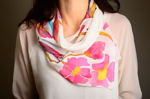 Светлый шарф ручной работы женский шарф с цветами шифоновый шарф яркий - MADEheart.com