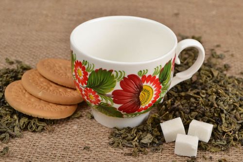 7 oz porcelain tea cup in white, green, red floral design with handle - MADEheart.com
