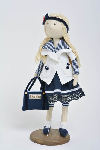 Handmade soft doll Lyuba sewn of cotton fabric in blue and white clothing - MADEheart.com