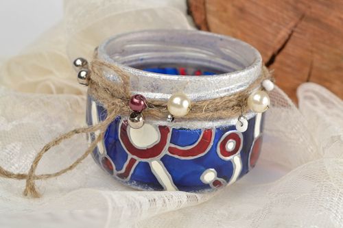 Portavelas de cristal pintado con tintes de vitral hecho a mano azul original - MADEheart.com