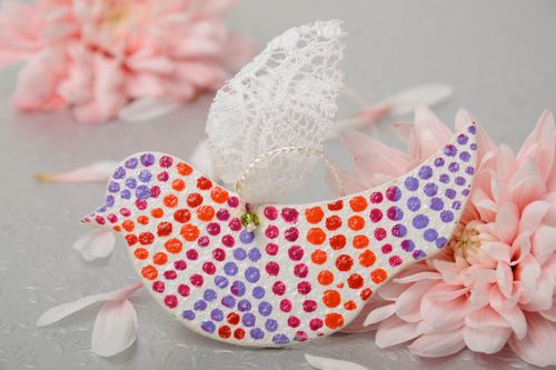 Beautiful bright painted handmade MDF interior hanging in the shape of bird - MADEheart.com