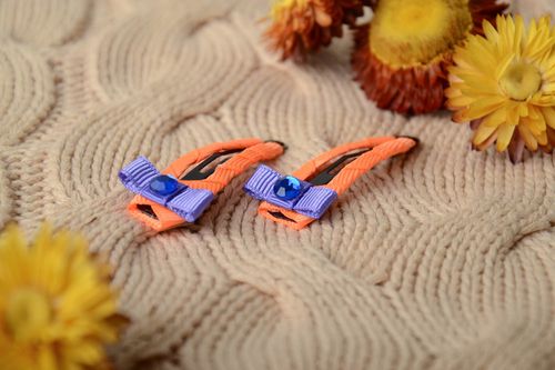Set of 2 handmade decorative hair clips with rep ribbon bows and rhinestones - MADEheart.com