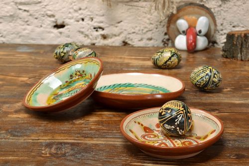Set of handmade small decorative painted clay wall plates 3 pieces - MADEheart.com