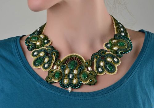 Handmade designer massive soutache necklace with natural stones and pearls - MADEheart.com